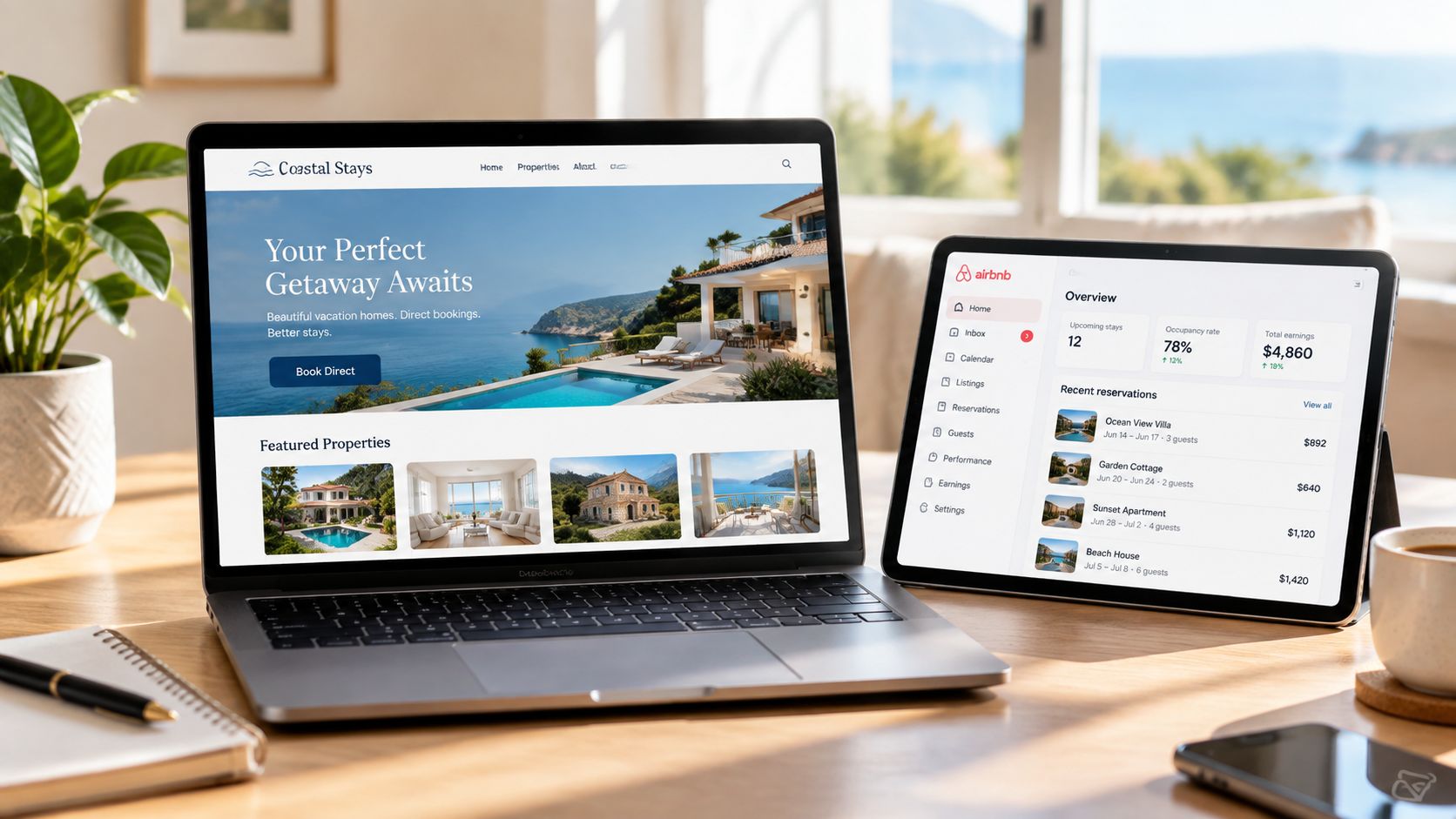A laptop and tablet on a wooden desk displaying vacation rental booking and property management dashboards.